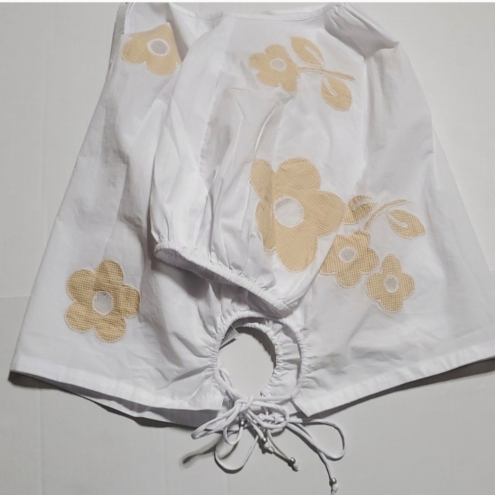 Madewell White Ruched Linen Crop Blouse with Yellow Accents - Picture 9 of 16